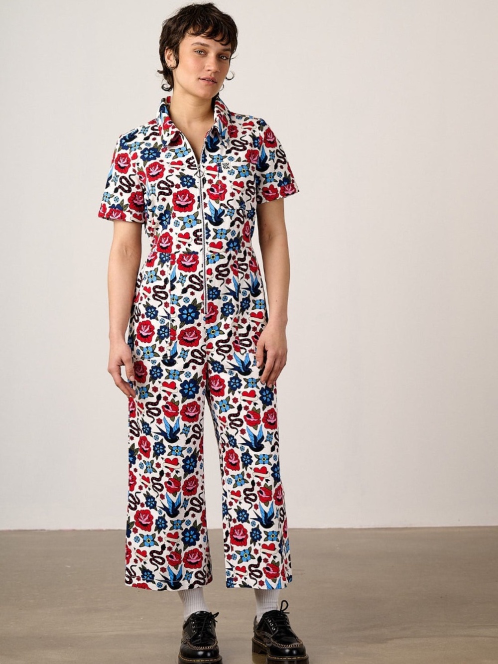 Lucy & Yak Ragan - Cotton Jumpsuit in Multi Coloured Tattoo Print